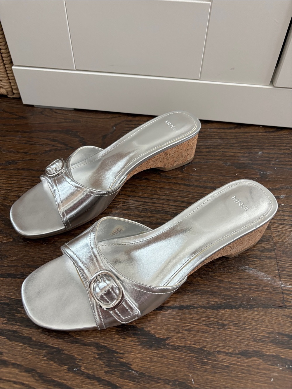 Mango Silver Metallic Cork Wedge Slide Sandals with Buckle